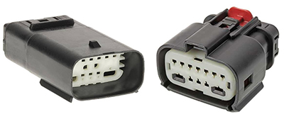 Image of Molex MX150 Hybrid 1601126001 12-position plug (left) and its mate, the 1601116006 receptacle (right)