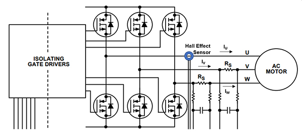 Diagram of three-phase motor driver system (U, V, and W)