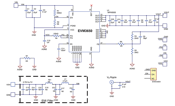Diagrama del paquete de la placa de evaluación EVM3650-QW-00A de Monolithic Power Systems (haga clic para ampliar)