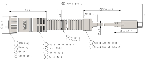 Diagram of Amphenol UC30FL-NCML-SC01 USB-C cable assembly