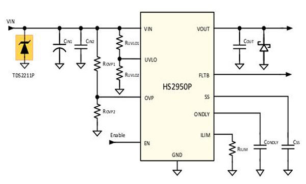 Diagram of Semtech TDS2211P can be used to protect a load switch (HS2950P) (click to enlarge)