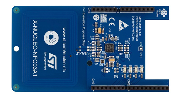 Imagen de la placa de evaluación del lector de tarjetas X-NUCLEO-NFC03A1 de STMicroelectronics