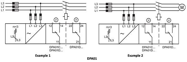 Image of application examples for the Carlo Gavazzi DPA01 series three-phase monitor relay