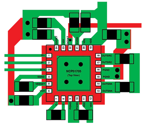 Diagrama de la disposición de la placa de PC recomendada para el NCP51705 de onsemi