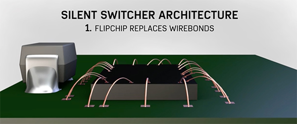 La imagen del montaje del Silent Switcher comienza con la sustitución de las uniones de cables por la tecnología flipchip