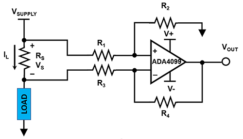 Diagram of AC motor, high-side, current-sensing circuit