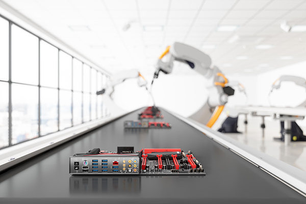 Image of electronics boards ride a conveyor through an assembly work cell