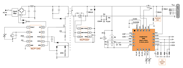 Image of main circuit diagram of a USB-C PD 3.0 PPS mains charger (click to enlarge)