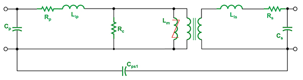 Diagram of a more realistic transformer model shows basic interwinding capacitance