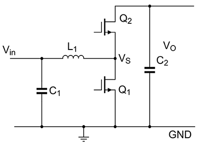 Diagram of schematic of a half-bridge boost converter