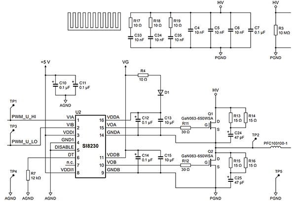 Image of recommended design for a half-bridge power stage using Nexperia GAN063-650WSA GaN FETs (click to enlarge)