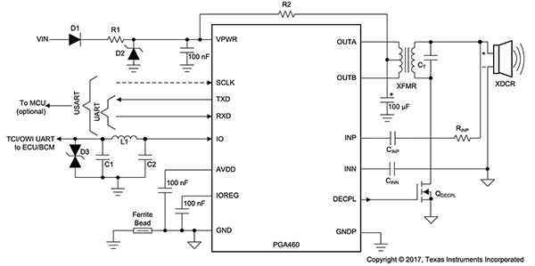 Diagram of Texas Instruments PGA460PSM-EVM evaluation module (click to enlarge)