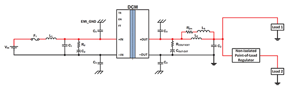 Image of typical application of the Vicor DCM3623T75H06A6T00 driving a direct load (click to enlarge)