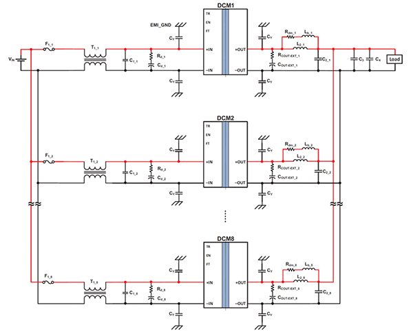 Diagram of circuit shows the parallel array operation of four DCM converters (click to enlarge)