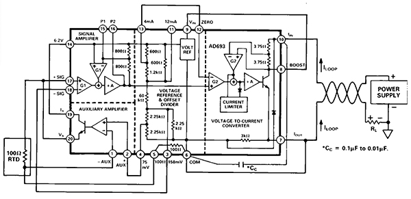 Diagram of all-analog, loop-powered Analog Devices AD693 RTD transmitter (click to enlarge)