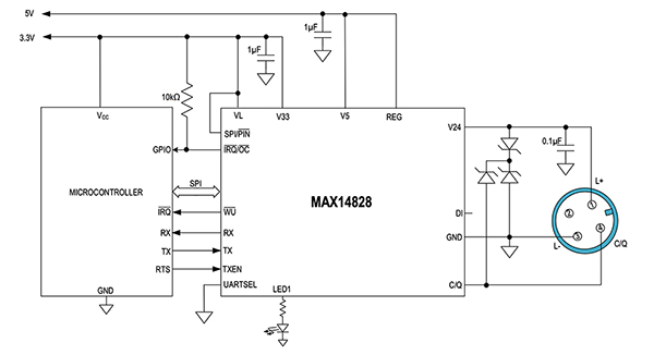 Diagram of Analog Devices MAX14828ATG+ IO-Link transceiver IC (click to enlarge)