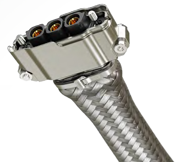 Image of Harwin aluminum back shell with flexible braiding attached to a tie band
