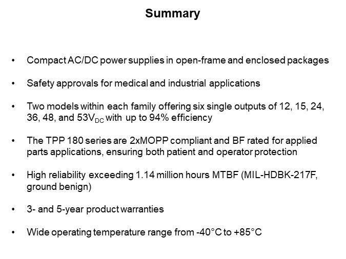 Image of TRACO Power TPP 180/TPI 180 Series AC/DC Power Supplies - Summary