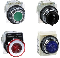 Imagen de los pulsadores, interruptores e indicadores luminosos metálicos de 30 mm de la serie 9001K de Schneider Electric