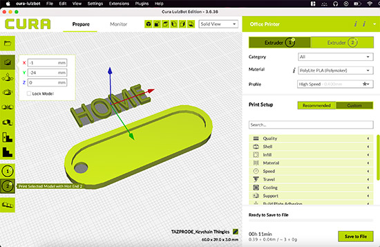 How to Print Dual Colors Using a Dual-Extruder Lulzbot 3D Printer & Cura